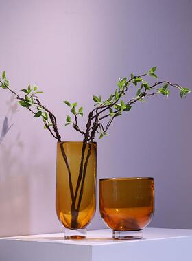 角欧式现代简厚重焦糖色拐玻璃花器15035HP花瓶装摆件样板房售楼