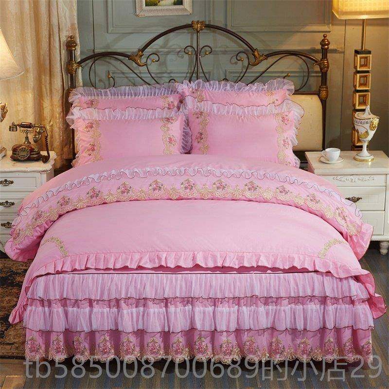 高档公主风床上四小件套清新纯洗棉被单1.全8m床裙款棉水绿色蕾丝