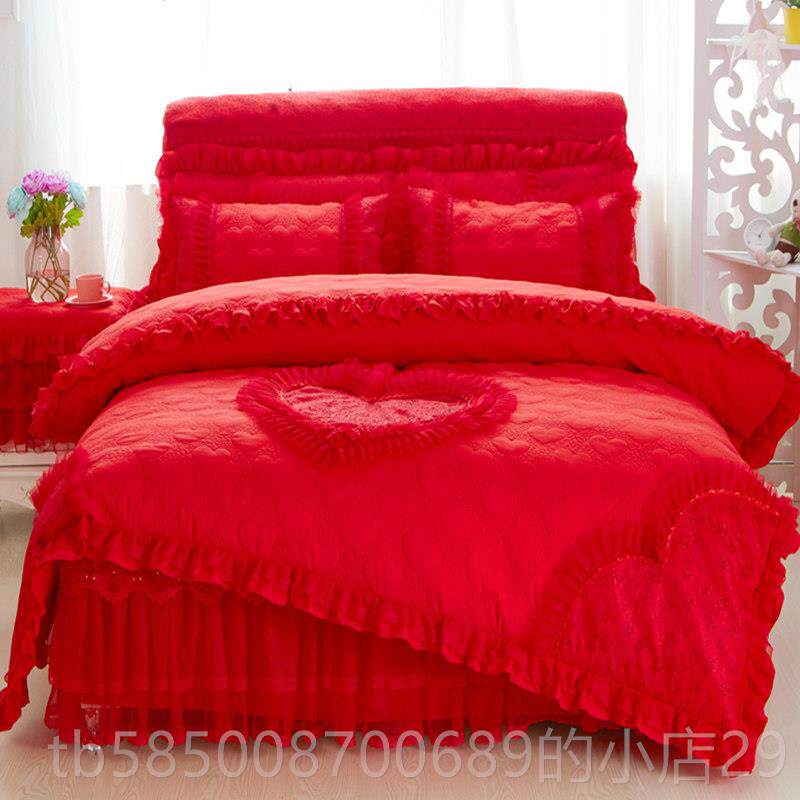 高档韩版棉公主床米裙件四套1.5/1.8m夹加厚蕾丝花边床罩婚庆床上