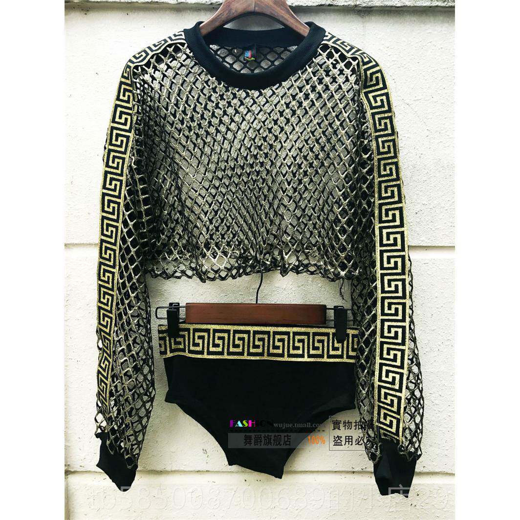 新款韩舞kpo女团舞蹈打歌服士舞服o装烫金镂a空jzz上衣爵舞台表演