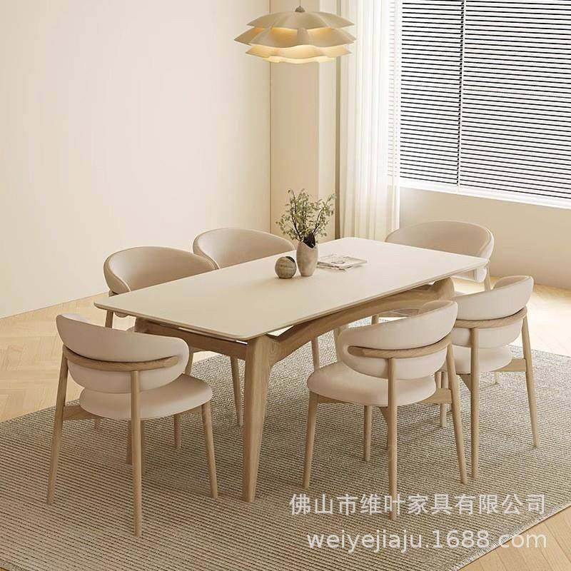 德利丰板CBU餐桌组合长椅方形现代简约家用户型奶岩油小风白蜡木