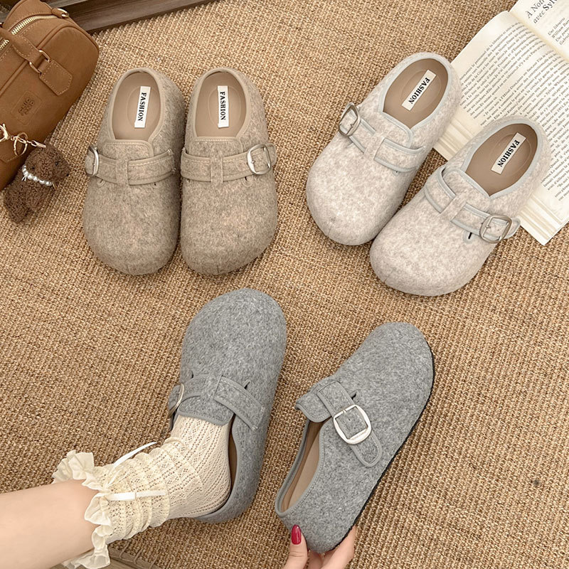 复古棕色厚底加绒半拖勃肯鞋女2025新款秋冬外穿增高包头棉拖鞋子