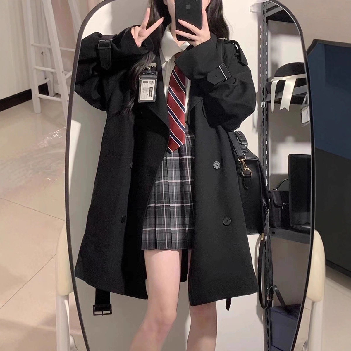 花千猪原创 裕本川风衣 日系jk制服大衣长短款黑色卡其色上衣外套