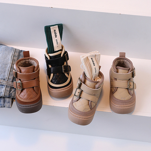 儿童高帮鞋男童鞋子秋冬款2022年韩版加绒棉鞋板鞋皮面百搭运动鞋