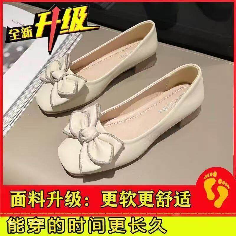 高品质牛筋软底单鞋女粗跟新款百搭一脚蹬浅口瓢鞋蝴蝶结平底单鞋