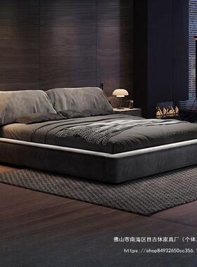 意式极简卧室大床耳朵床灰色布艺双人床现代简约软包轻奢大床婚床