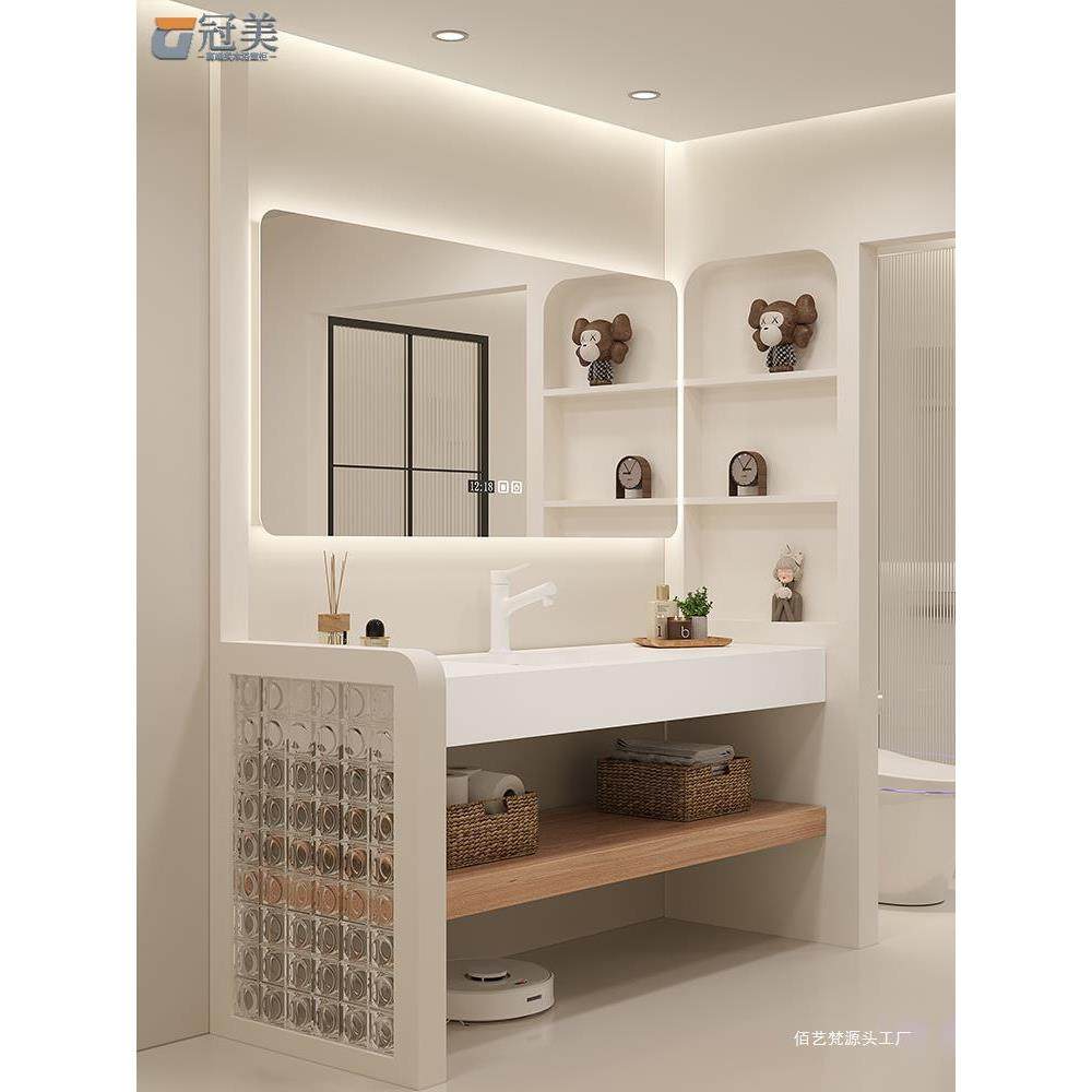 网红日式原木岩板无缝陶瓷可丽耐一体盆浴室柜组合智能洗脸洗漱台