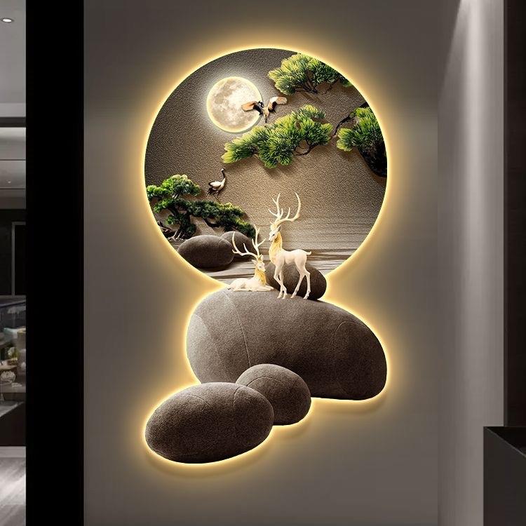 迎客松入户玄关装饰画新中式LED灯画客厅壁画鹿走廊尽头过道挂画