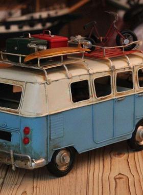 仿古铁艺车模摆件大众铁皮巴士模型客车载自行车摆设摄影道具