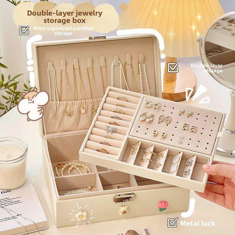轻奢首饰盒带锁手镯戒指耳钉项炼首饰梳妆台学生收纳盒耳饰项炼盒
