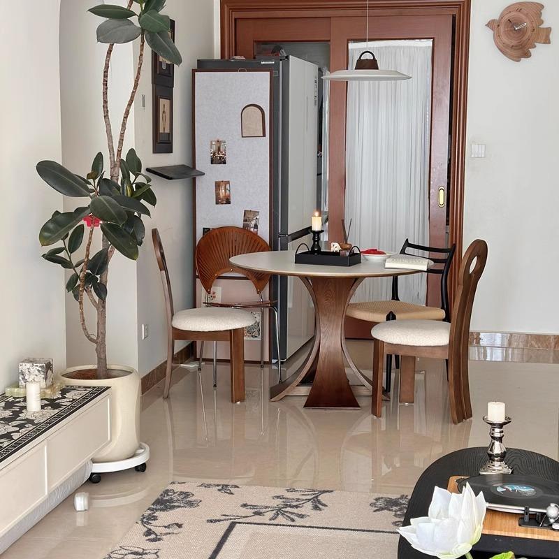 复古现古风实木岩板餐风桌圆桌家用小户法型代圆形JXI简约饭桌式