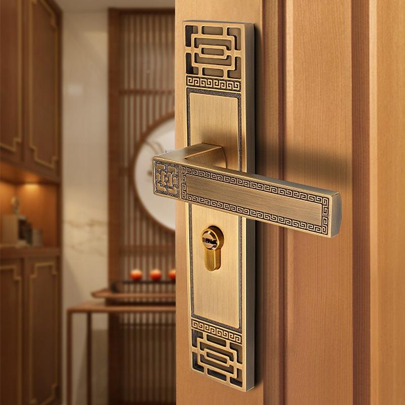 中式室古内门锁家用通82h56黄用型把静音卧室房门锁中式实手木门