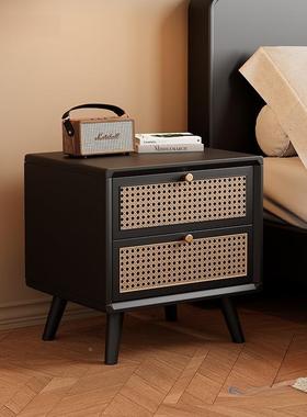 新约中式储胡全实木床头柜藤编原木桃简双抽家用卧室床边CVC收纳