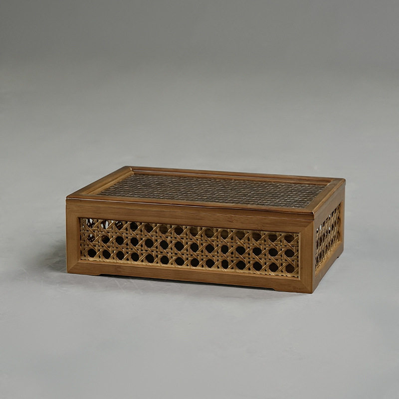 复古竹制镂空带盖茶具收纳盒