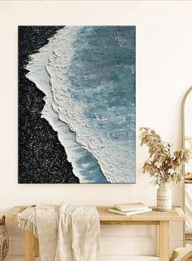 手绘油蓝色海景抽象客厅装画画石英砂立体饰入肌FRR理抽象玄关户