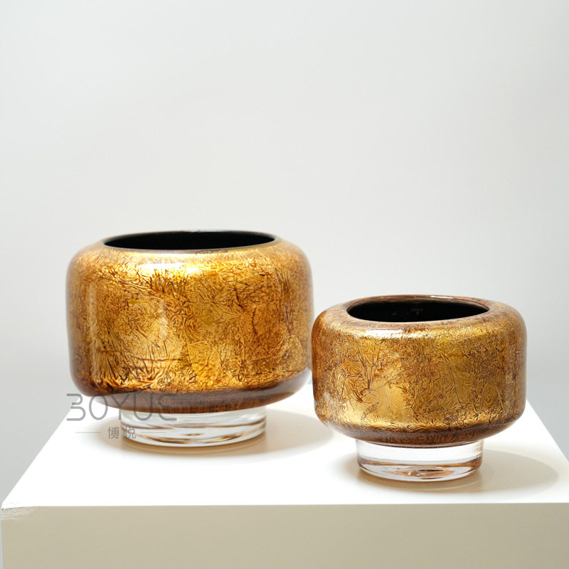 中古极简金色水晶底琉璃花瓶售楼处样板房软装摆设餐桌客厅插花器