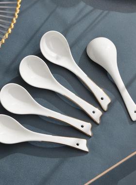 10个勺子餐短家用金边骨瓷小短柄餐厅白色圆勺F76HJ566子具小勺号