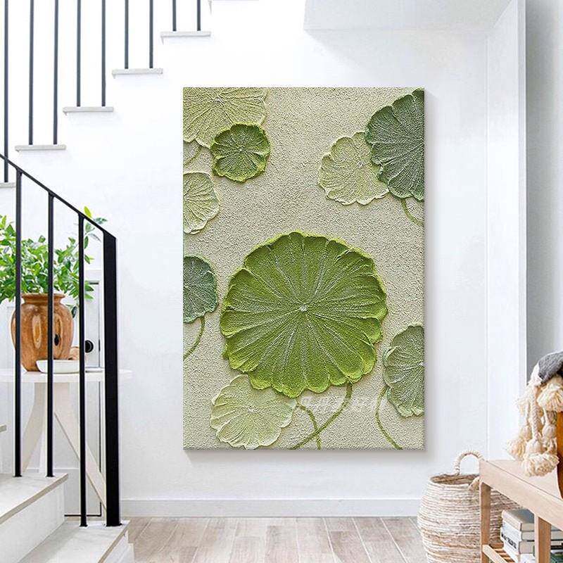 抽象荷叶GBN厚厅肌理手绘油画客砂岩丙烯色画装饰玄关和气生绿财