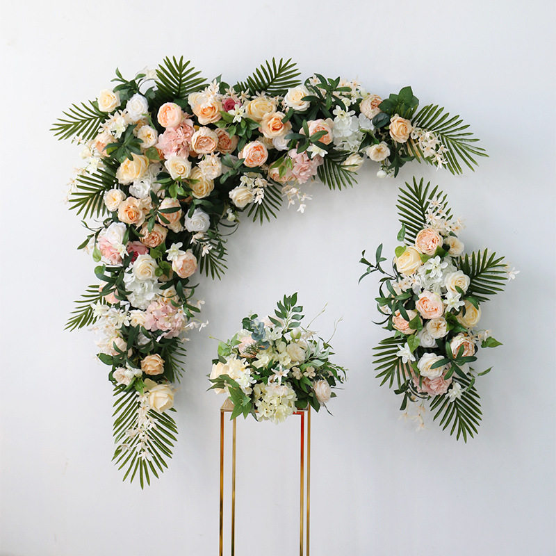 香槟色套装花艺三角拱门壁挂花路引花球婚礼迎宾摄影布置装饰
