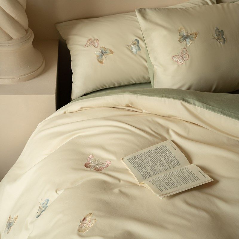 100支长绒棉全棉磨毛四件套 高端刺绣冬季保暖纯棉被套床单床笠