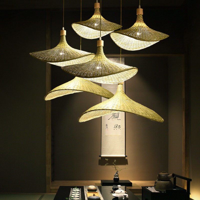 新中式禅意茶室民宿装饰日式灯具餐厅灯楼梯灯草帽灯竹艺竹编吊灯