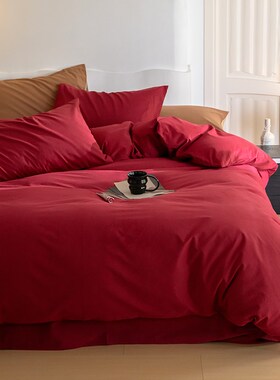 高级感红色婚庆秋冬保暖磨毛床上四件套纯棉简约床单被套1.8m床笠