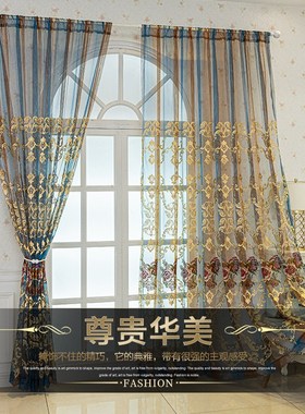 柯桥欧式奢华绣花春意满园窗纱装饰半遮光窗帘刺绣客厅阳台纱帘