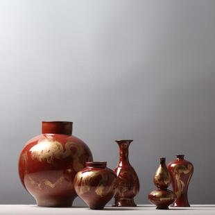 EHW中红色花瓶式梅瓶玉壶春瓶博葫芦瓶创意插花装品古架陶饰瓷摆