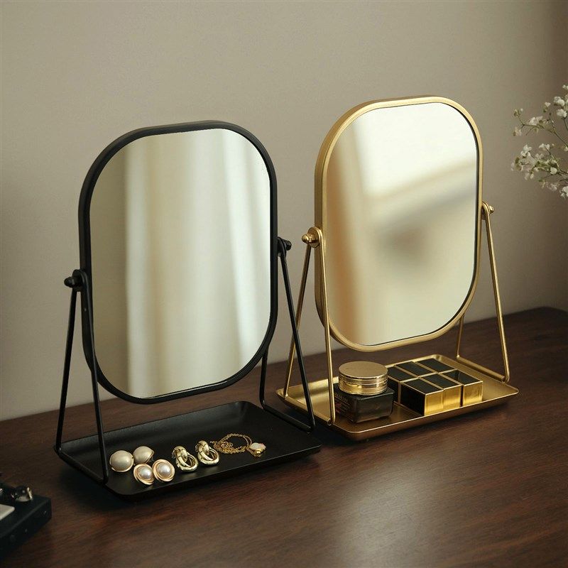 台式桌面梳妆镜带托盘储物收纳盒可折叠化妆镜家用卧室少女心镜子