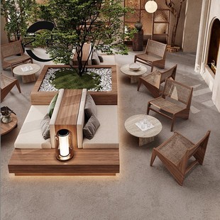 售楼处洽谈沙发民宿会所大堂休闲区接待台实木藤凳家具定制