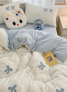 2025款爆蝴款简约波点蝶结毛巾软糯新糯水洗棉AMD-四件四件套绣被