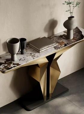 体玄弧形轻奢风入户关置TRE物客厅不锈钢架一靠墙案台现代岩板玄