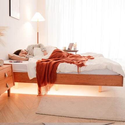 全实木榻米SQL复古风樱桃木无床头床靠地背地榻台床架矮床离悬浮