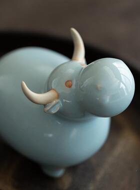 汝窑开牛气冲天运财牛茶宠精品件可爱生肖DYV牛招财片家居客摆厅