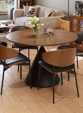 中古风QQB合实餐桌椅组木碳素钢圆形桌轻奢桌带转盘家用小户圆型