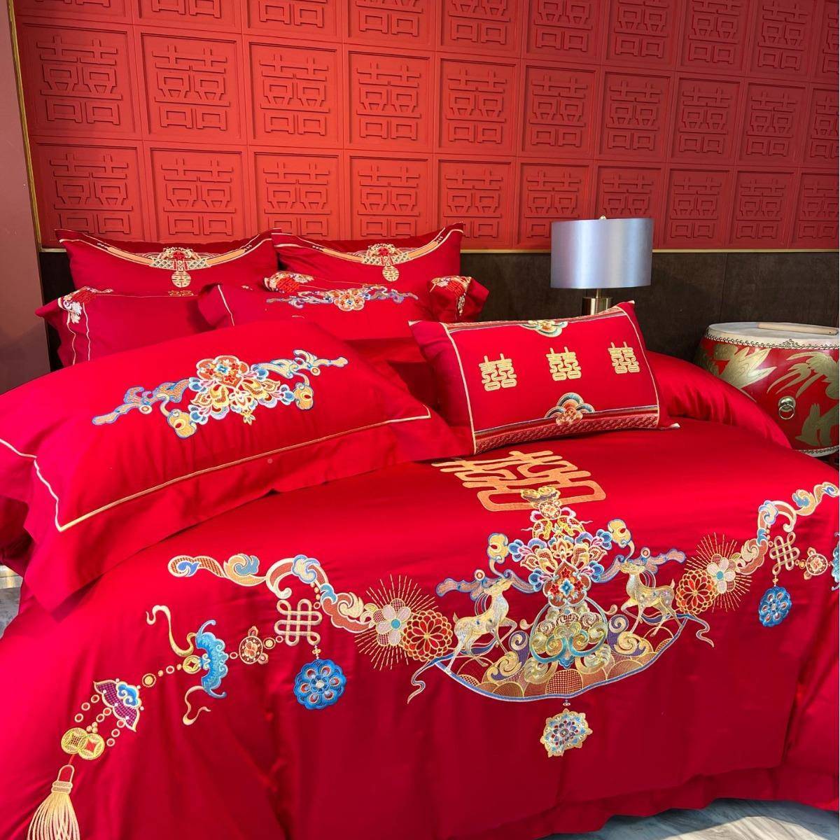婚庆四件套棉被H1203大红高档刺绣新结婚房婚礼红色被套全1.8米2