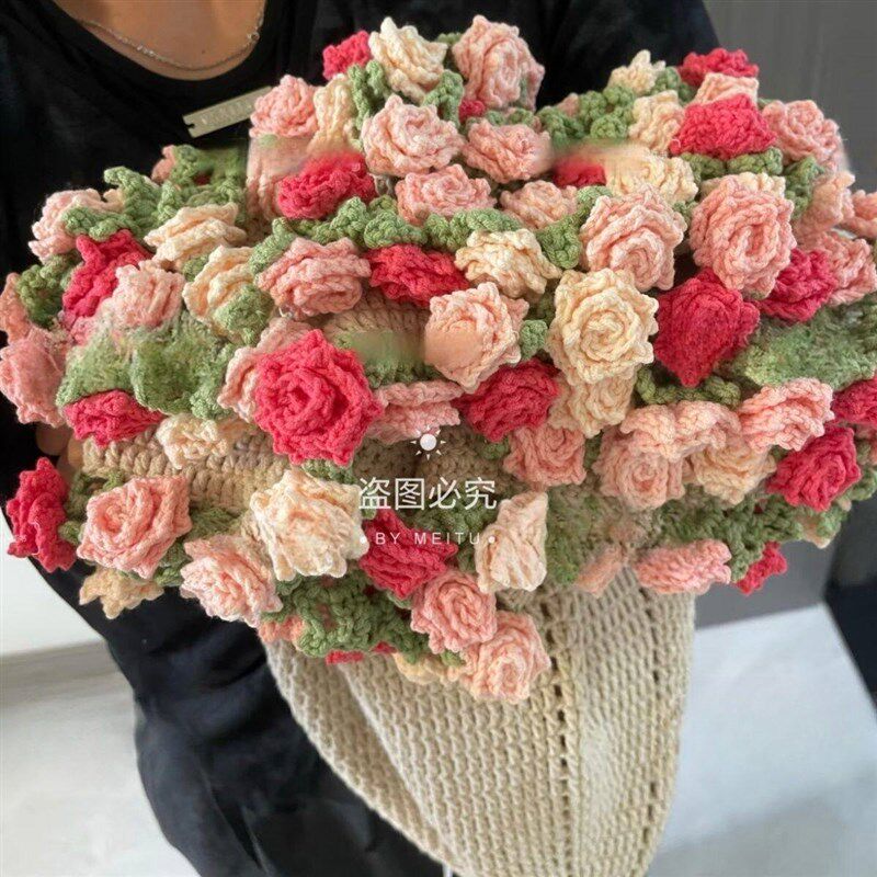 钩针钩织diy尖角玫瑰花束彩色毯子材料包手工制作毛线编织空调毯