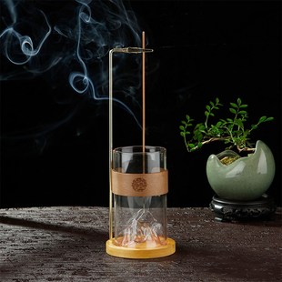 倒挂香插中国风金属香夹竹木玻璃假山香座防飞灰薰香炉立式线香插