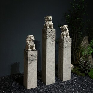 新中式户外别墅庭院仿石雕狮子拴马柱客厅玄关落地大型装饰品摆件