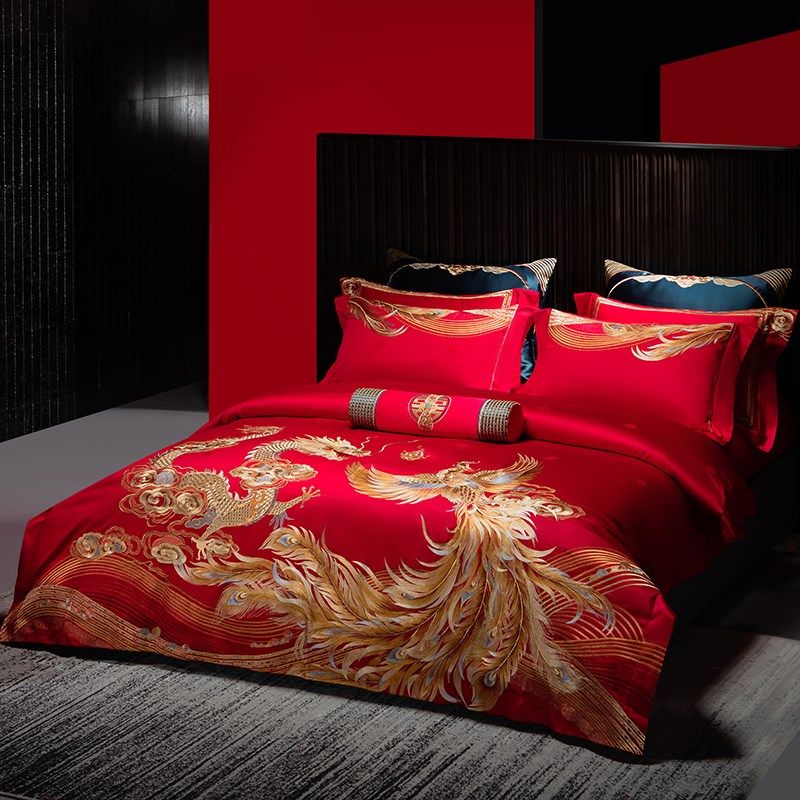婚庆四件套140支全棉大红色龙凤刺绣喜被高档婚房陪嫁结婚十件套