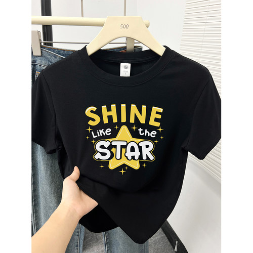 黑色正肩短袖T恤女装韩系星星字母印花大码显瘦百搭休闲圆领上衣