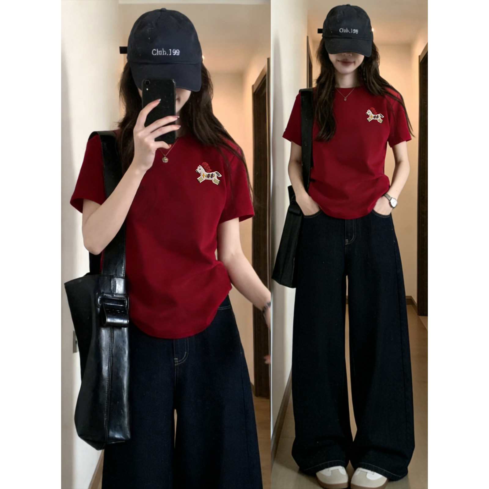 胖mm大码穿搭正肩圆领短袖t恤女2026早春新款本命年马年红色衣服