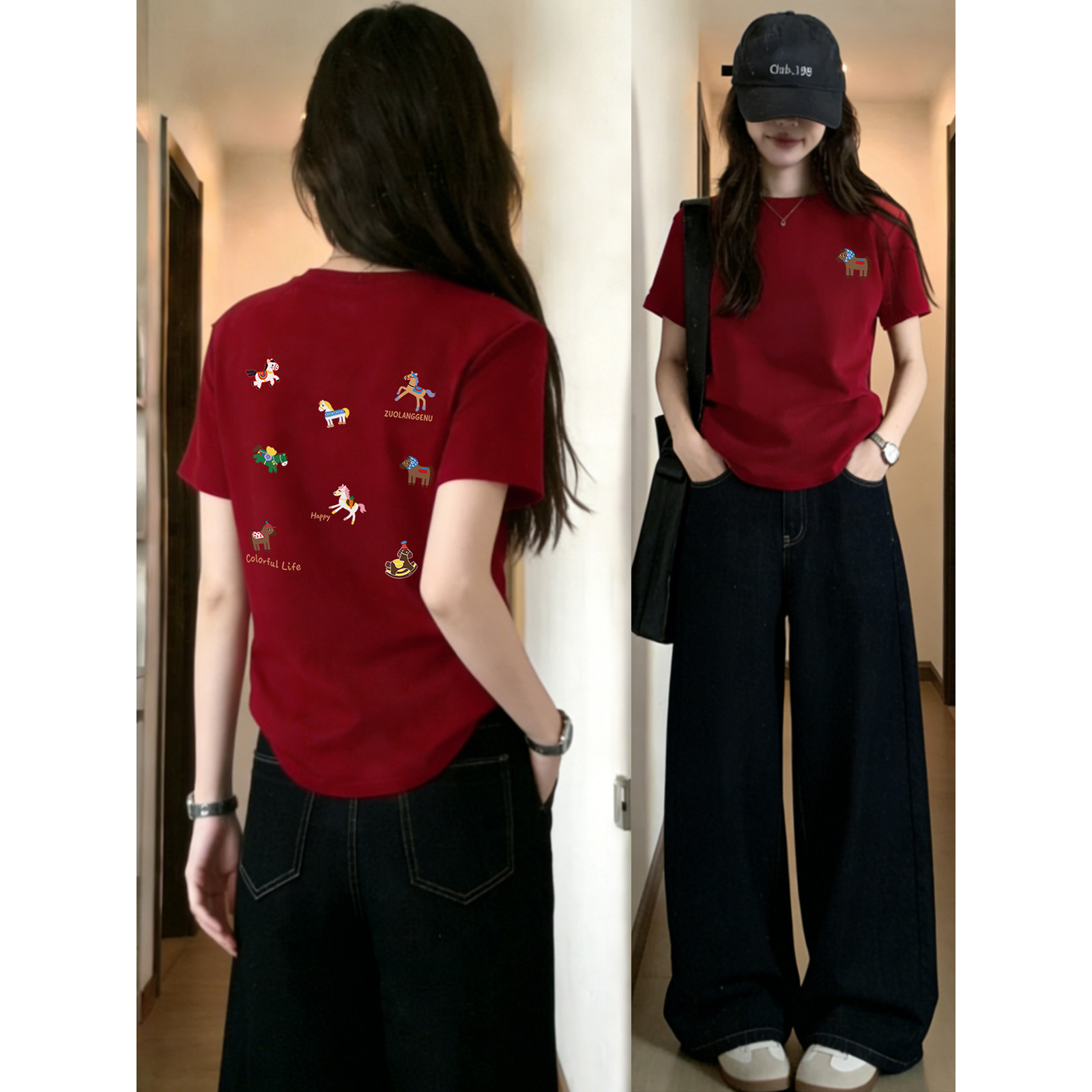 正肩短袖t恤女2026新款小马前后印花微胖大码洋气圆领休闲上衣潮