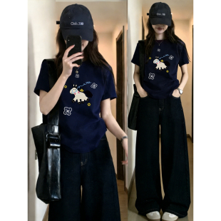 新款 t恤女2026春季 胖mm遮肉百搭圆领洋气设计感上衣 正肩短袖 大码