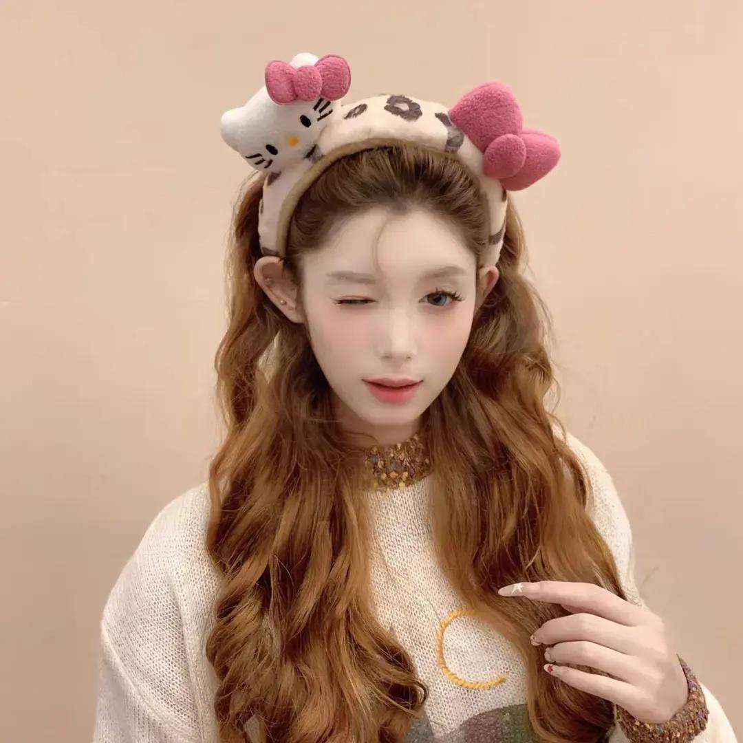 豹纹Kitty甜美可爱毛绒发箍女蝴蝶结新款洗脸少女高颜值头饰YL
