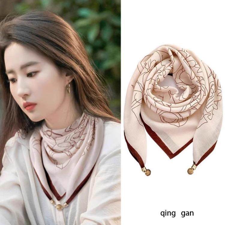 明星同款磁铁扣棉麻围巾大方巾三角丝巾围脖护颈国风复古洋气百搭