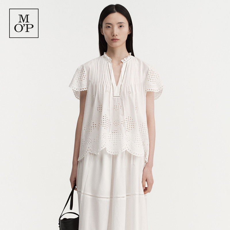 Marc O'Polo淑女风白色镂空花边系带衬衫女夏季荷叶边短袖上衣
