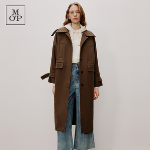 Marc O'Polo/MOP冬季新款翻领羊毛混纺一粒扣长款毛呢外套大衣女