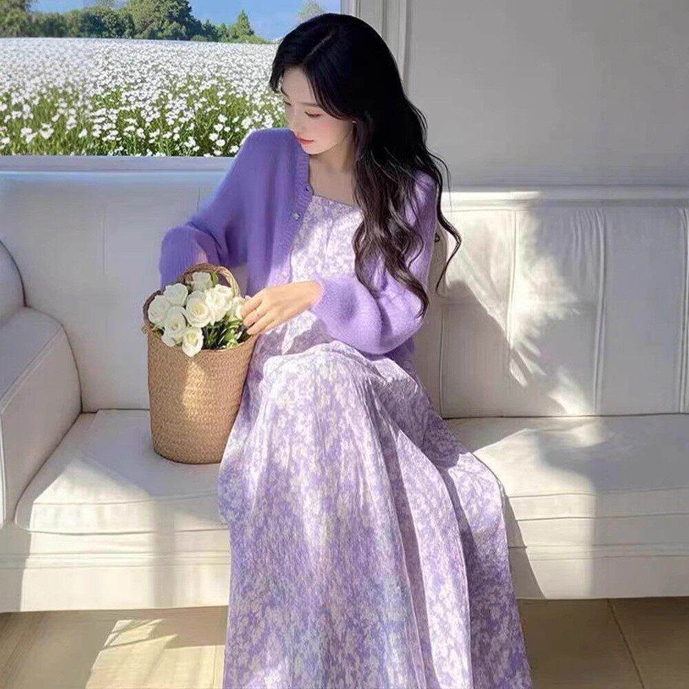 2026超火春装韩系氛围感穿搭初恋清纯奶甜紫色碎花吊带连衣裙套装