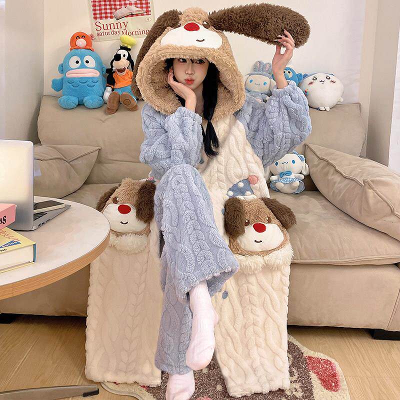 全棉纯棉珊瑚绒睡袍女秋冬季可爱小狗长款加绒加厚可爱睡衣连帽家
